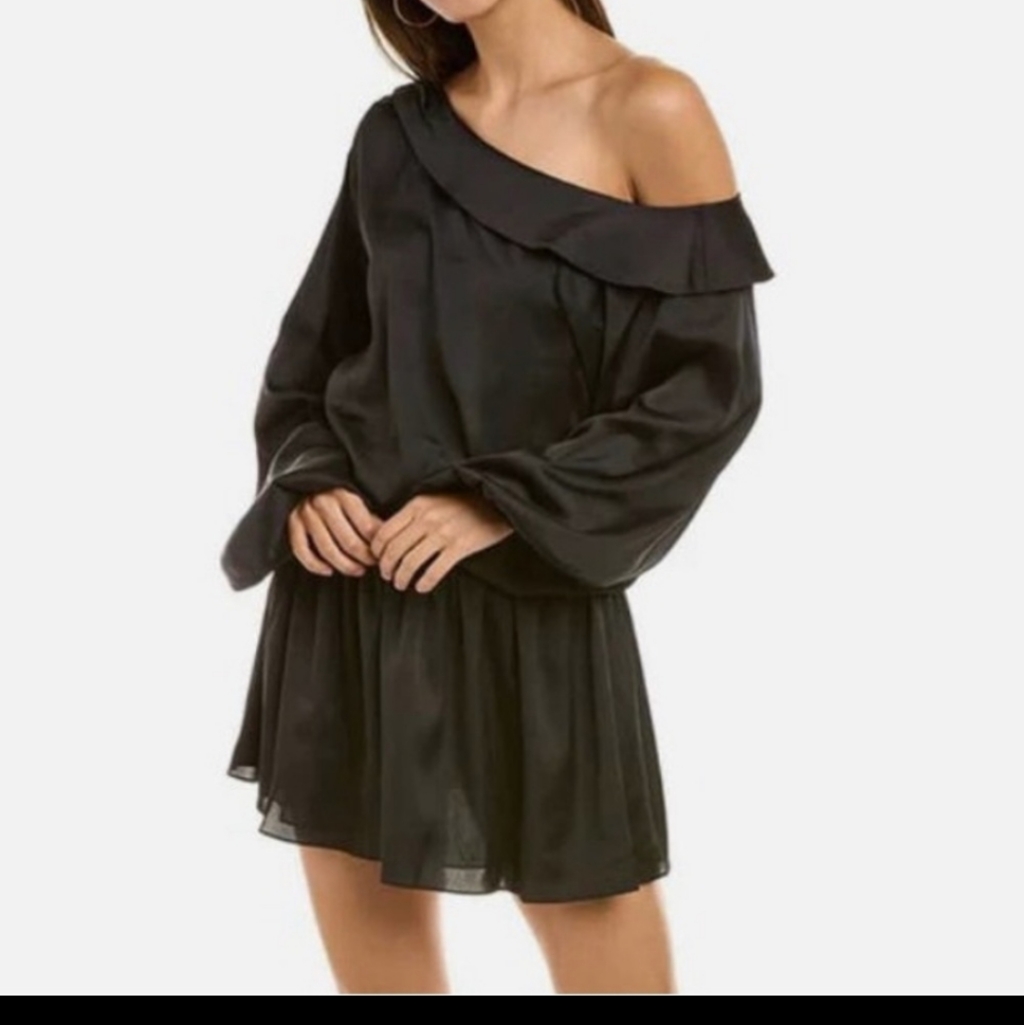 Ramy Brook Timothy Black Satin Asymmetrical Mini Dress Size Medium